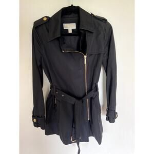 MICHAEL Michael Kors Asymmetrical Zip Trench Jacket Size Small, Black and Gold